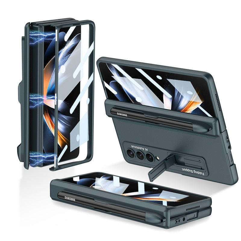 Pen Slot Case for Samsung Galaxy Z Fold 4 with Kickstand and Screen Protective Glass