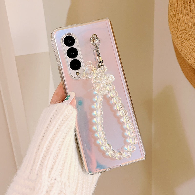 Portable Bead Chain With Cute 3D Crystal Bear Pendant Phone Case For Samsung Galaxy Z Fold 4