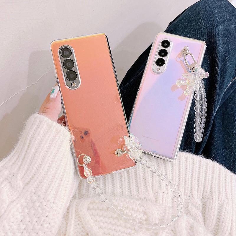 Portable Bead Chain With Cute 3D Crystal Bear Pendant Phone Case For Samsung Galaxy Z Fold 4