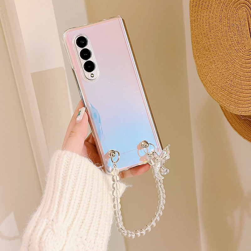 Portable Bead Chain With Cute 3D Crystal Bear Pendant Phone Case For Samsung Galaxy Z Fold 4