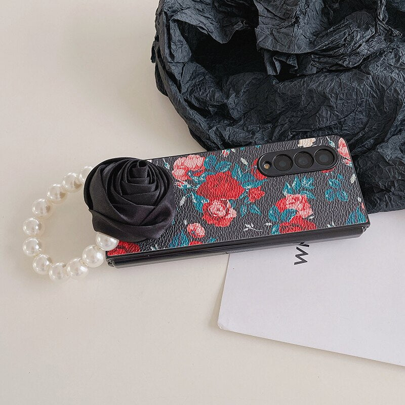Elegant Leather Rose case with Pearl Bracelet For Samsung Galaxy Z Fold 4