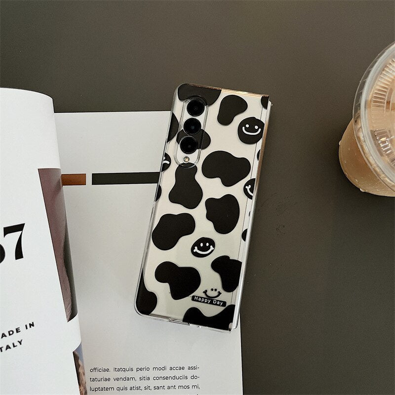 Cartoon Smiling Face Phone Stand Milk Cow Case for Samsung Galaxy Z Fold 4