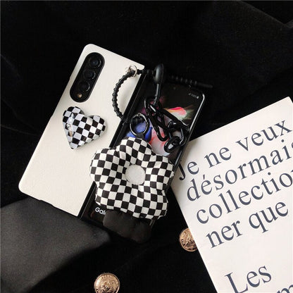 Retro Checkerboard Pattern Crystal Clear Heart PU Leather Phone Case For Samsung Galaxy Z Fold 4