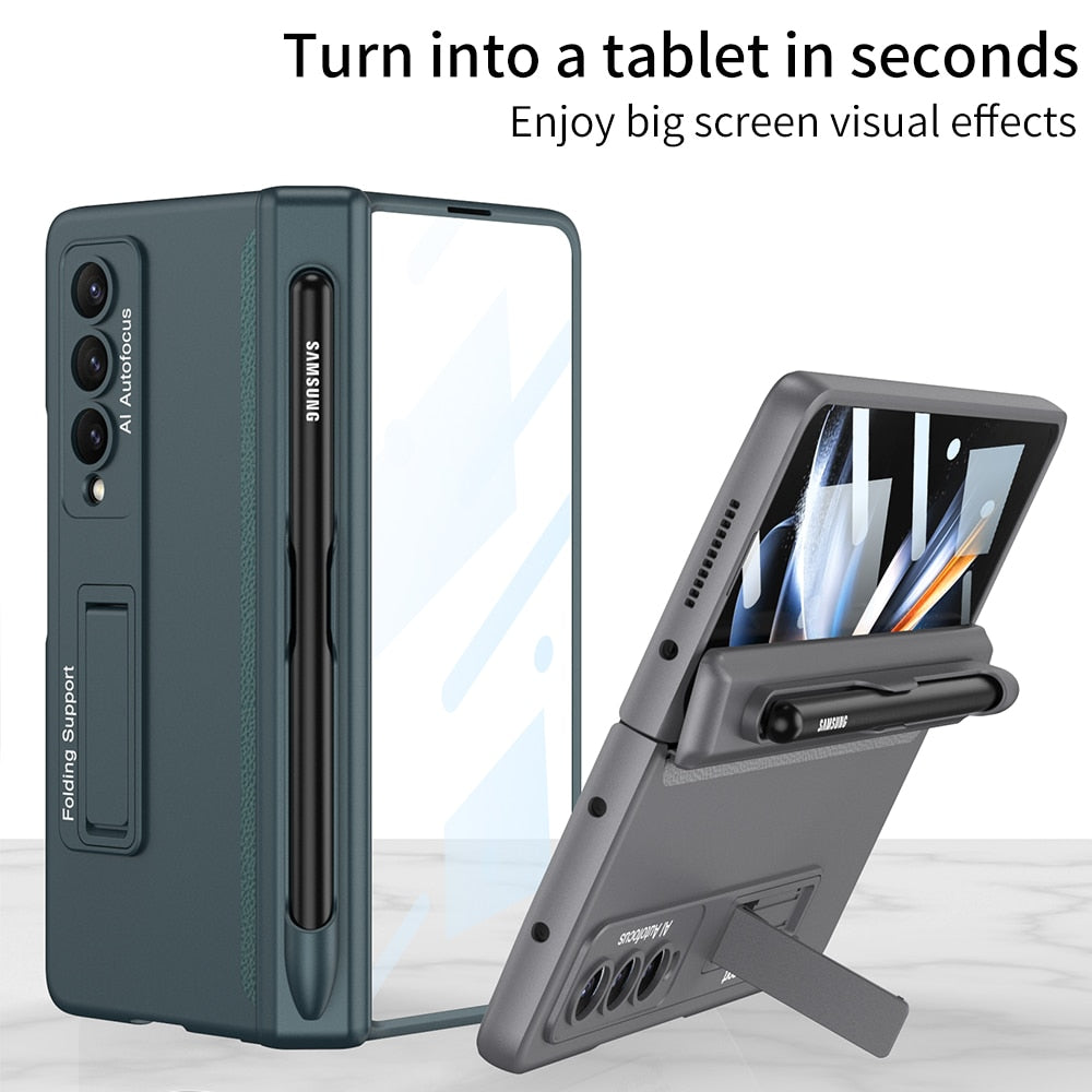 Pen Slot Case for Samsung Galaxy Z Fold 4 with Kickstand and Screen Protective Glass